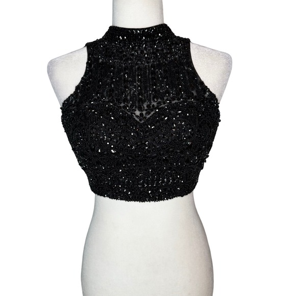 90s Evening Vintage Beaded Halter Crop Top XS 2 Black Sheer Backless Fairy Party - Picture 2 of 9